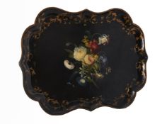 A Victorian black lacquered and painted papier mache tray