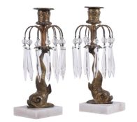 A pair of gilt metal and marble lustre candlesticks