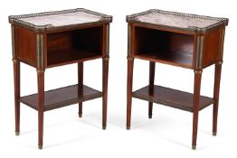 A pair of French mahogany, marble topped, and gilt metal mounted open bedside cupboards