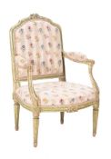 AN EARLY LOUIS XVI GREY AND GREEN PAINTED FAUTEUIL, CIRCA 1775