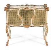 A CREAM PAINTED, PARCEL GILT AND CANED JARDINIERE, LATE 19TH/EARLY 20TH CENTURY