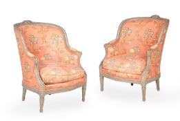 A PAIR OF GREY PAINTED AND UPHOLSTERED TUB ARMCHAIRS, IN LOUIS XVI STYLE