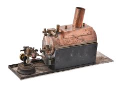 A copper horizontal model boat boiler and a small live steam boat engine