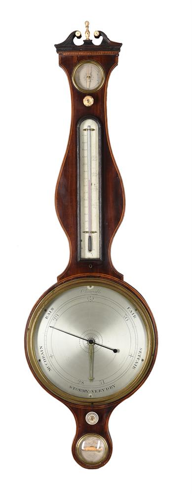A GEORGE III MAHOGANY MERCURY WHEEL BAROMETER WITH TEN-INCH DIAL