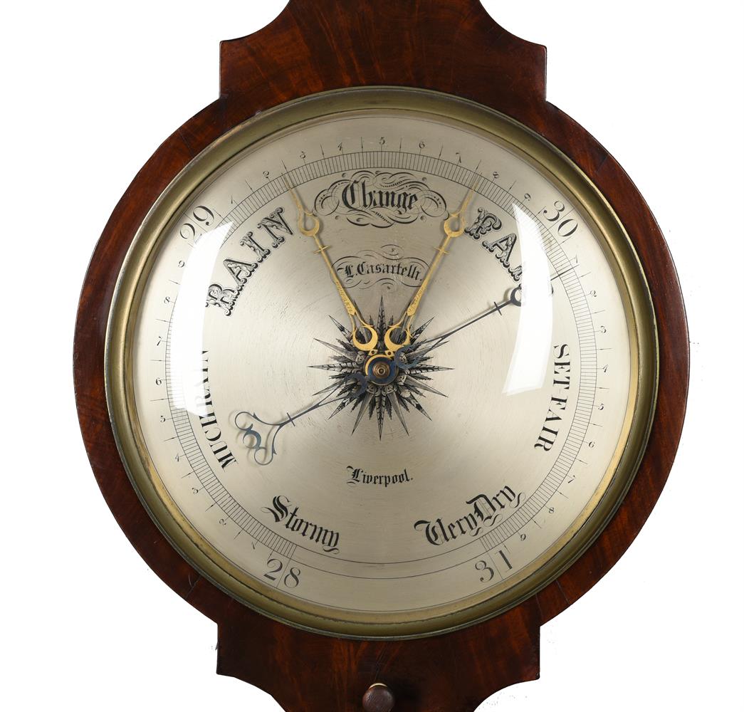 A VICTORIAN FIGURED MAHOGANY MERCURY WHEEL BAROMETER WITH 12-INCH DIAL - Image 2 of 2