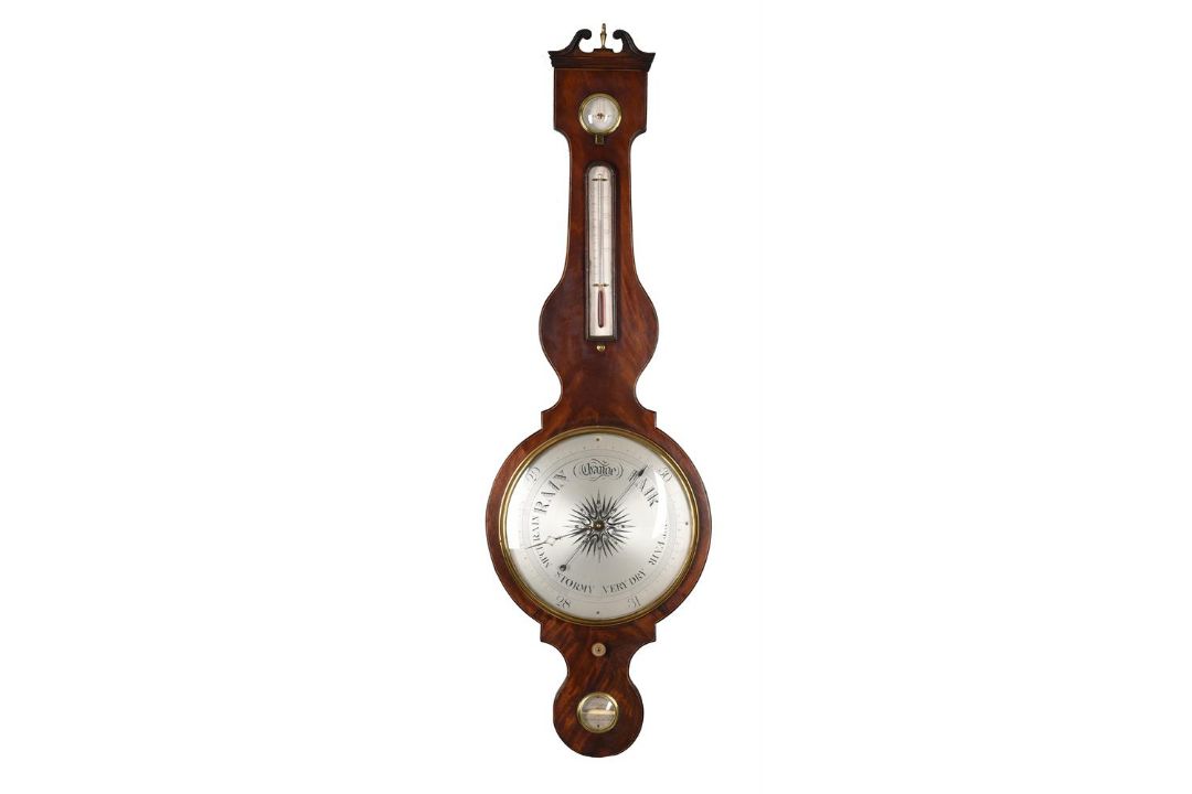Y AN EARLY VICTORIAN MAHOGANY MERCURY WHEEL BAROMETER WITH TWELVE-INCH DIAL