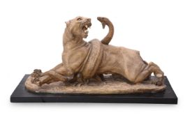 A FRENCH PLASTER GROUP OF A PANTHER AND SNAKE, EARLY 20TH CENTURY