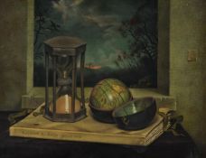 λ Raymond Skipp (British 1921-2001), Still life - hourglass and pocket globe
