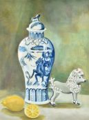 λ Lilian Hawthorn (nee Leahy) (British 1909-1996), Blue vase, porcelain dog & lemons