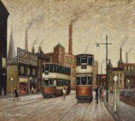 λ Arthur Delaney (British 1927-1987), Trams by the Ideal Milk Shop
