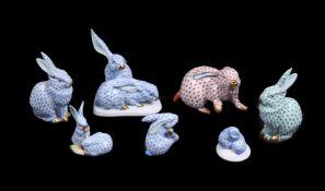 A group of modern Herend (Blue, red, and green fishscale) rabbits