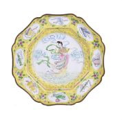A Chinese enamel yellow-ground dish