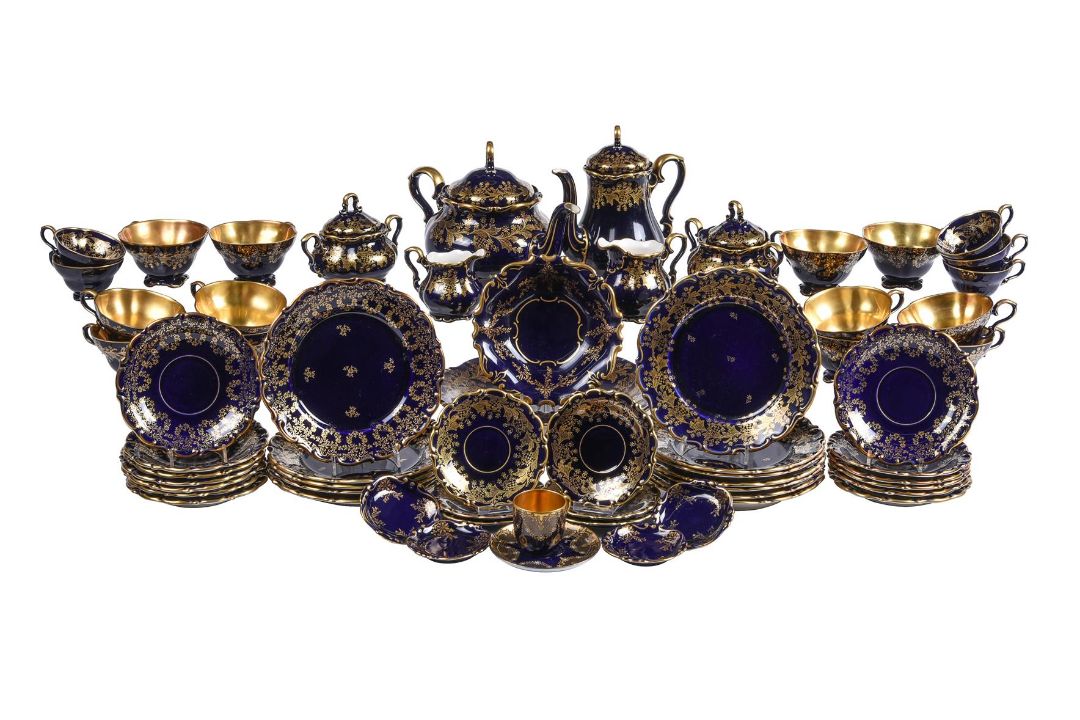 A modern Lindner Bavaria and associated pieces blue and gilt porcelain composite part tea and coffee
