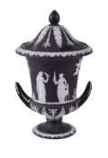 A Wedgwood black-dip Jasper two handled urn and cover