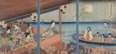 Utagawa Toyokuni III (1786-1864) A Woodblock Printed Triptych in inks and colours on paper depicting