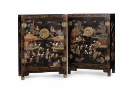 Y A pair of Chinese black lacquer and hardstone inlaid cabinets