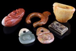 Two Chinese archaic jade style toggles with masks