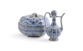 A large Chinese blue and white hexagonal box and cover