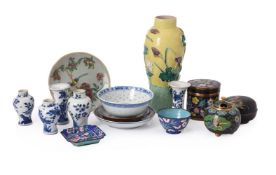 A miniature assembled garniture of five blue and white vases