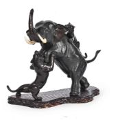 Y A Japanese Cast Bronze Group of an Elephant