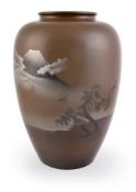 A Japanese Bronze Vase of tapering ovoid form rising to a short neck with rolled rim
