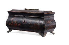 A GEORGE II BLACK LACQUER AND GILT CHINOISERIE TEA CADDY, CIRCA 1740