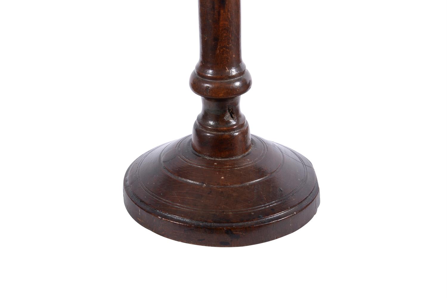 A RARE TREEN TURNED FRUITWOOD CANDLESTICK, 18TH CENTURY AND A TURNED SYCAMORE CANDLESTICK - Image 2 of 7