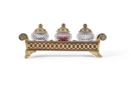 Y A REGENCY TORTOISESHELL, BRASS MARQUETRY AND GILT METAL INK STAND, IN THE MANNER OF GEORGE BULLOCK