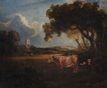 British School (19th century), Cows in a landscape with a church tower beyond