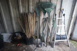 Qty of various hand tools inc. shovels, spades canes etc.