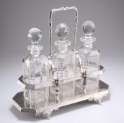 A LATE VICTORIAN SILVER-PLATED THREE-BOTTLE TANTALUS