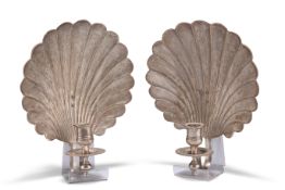 A PAIR OF 18TH CENTURY STYLE SILVER-PLATED SHELL-FORM WALL SCONCES