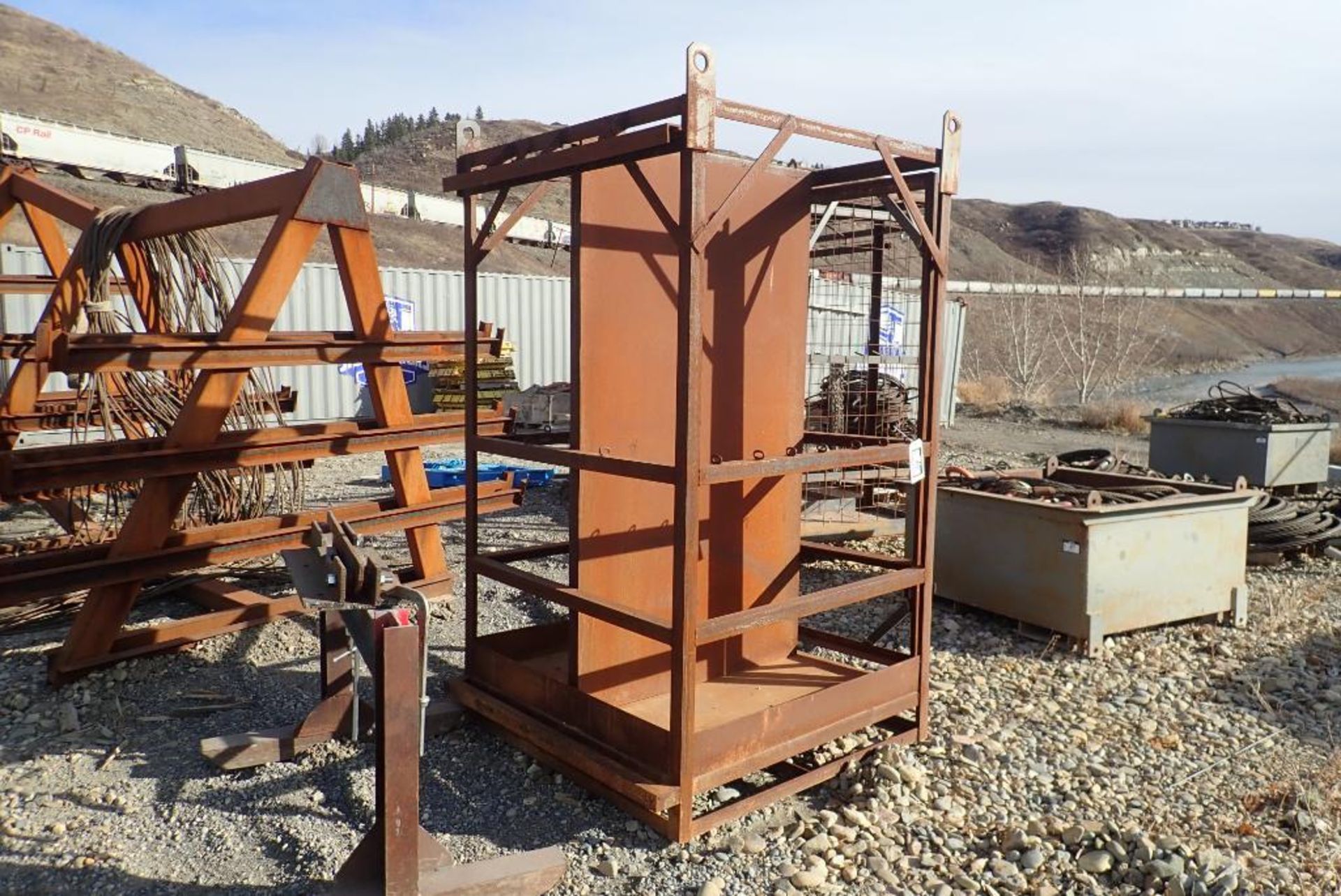 Lot of Steel Work Cage w/ Lifting Lugs and Steel Sawhorse.