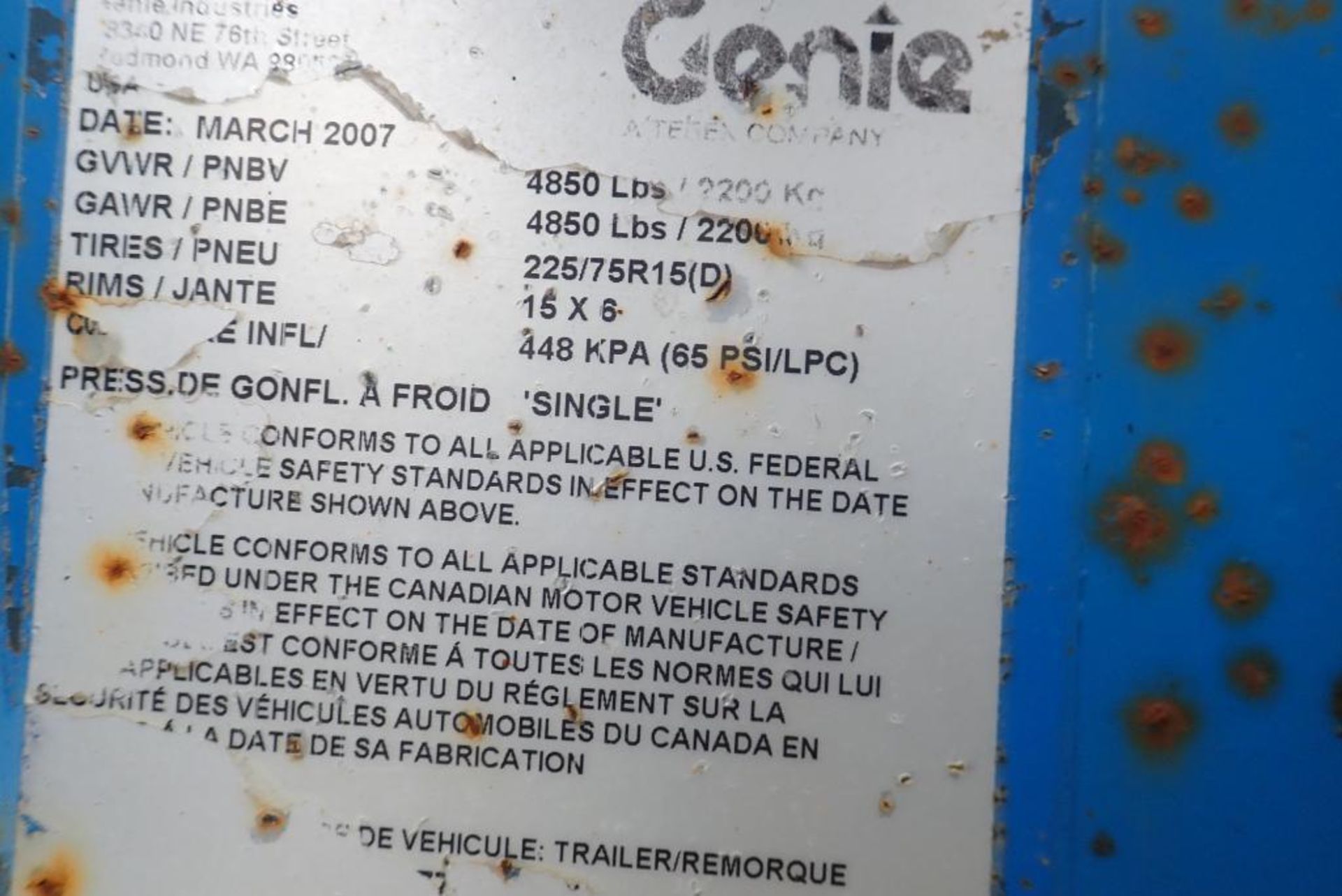 2007 Genie TZ-50 Single Axle Towable Boom Lift. VIN 5D8AA23177R000269. - Image 6 of 6