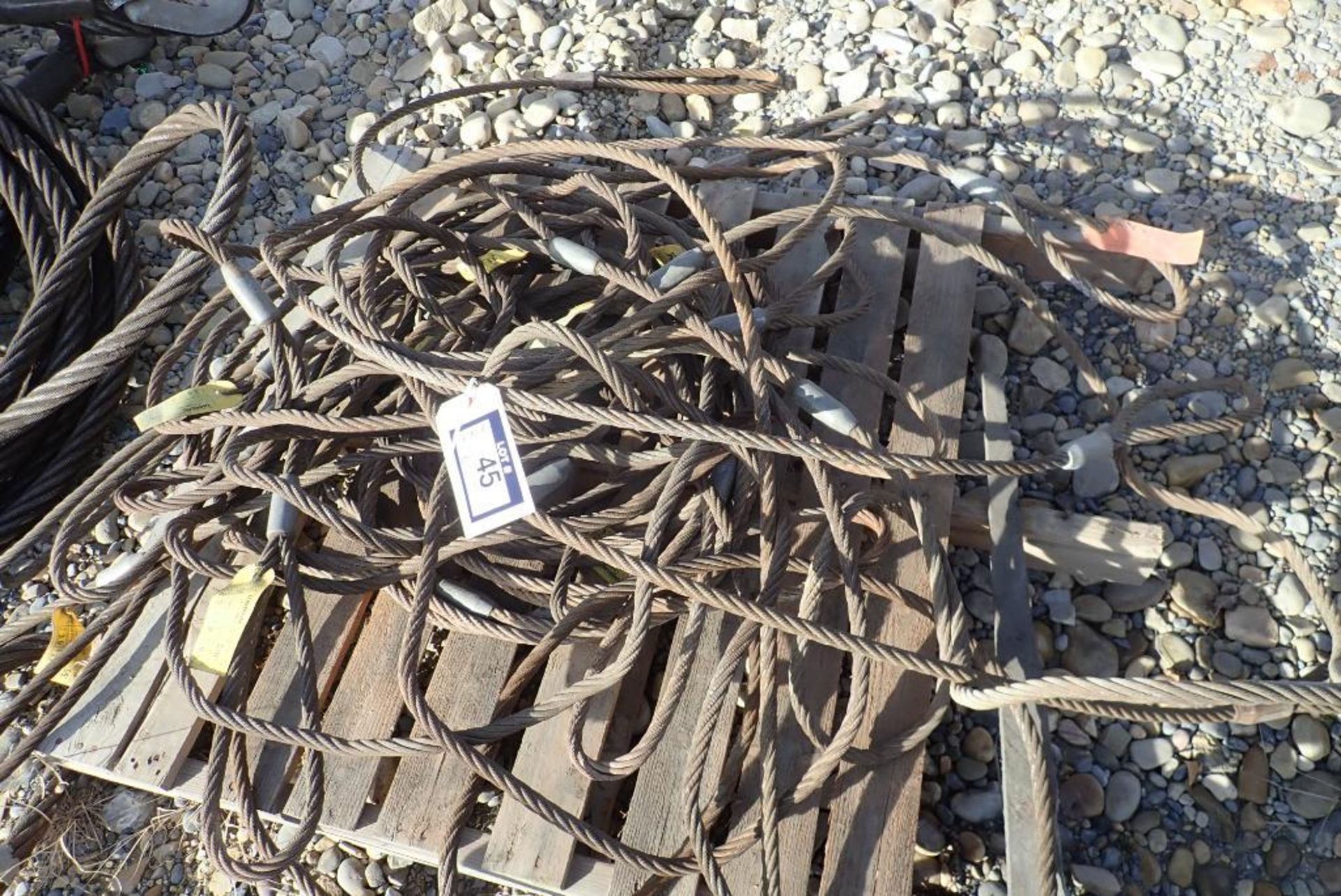 Lot of Asst. Braided Wire Slings and Braided Wire Cable w/ Rack.