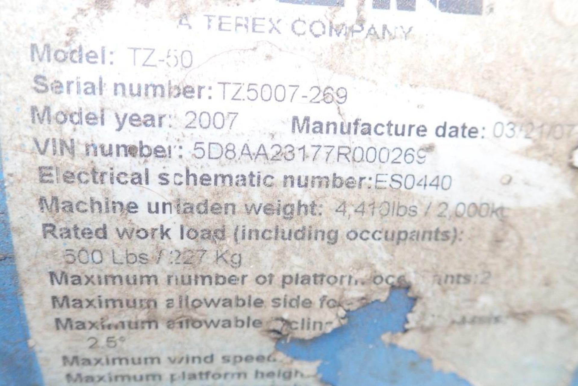 2007 Genie TZ-50 Single Axle Towable Boom Lift. VIN 5D8AA23177R000269. - Image 5 of 6