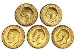George V five gold Sovereign coins, 1911,