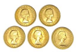 Elizabeth II five gold Sovereign coins, 1967
