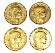 French Republic four 20 Franc gold coins, 1905