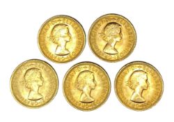 Elizabeth II five gold Sovereign coins, 1967