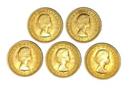 Elizabeth II five gold Sovereign coins, 1967