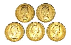 Elizabeth II five gold Sovereign coins, 1967