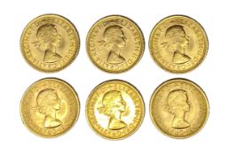Elizabeth II six gold Sovereign coins, 1968
