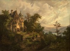 Continental School, 19th Century, Figures outside a villa