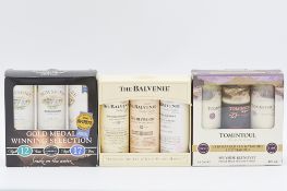 Three miniature presentation pack triplets - Balvenie, Tomintoul, Bowmore