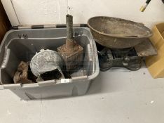 Rural Collectables: Includes carved oak wall plaque, weighing scales, outside lamp, chimney cowl,