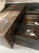 20th cent. small glazed cupboard, plus a teak toolbox.