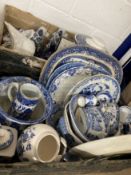 19th/20th cent. Blue/White Ceramics: Willow bread crock, cheese dish, butter dish, tea caddy,