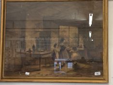 19th cent. Continental Romantic School: Watercolour, three children in interior, indistinct