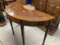 Mahogany Sheraton Revival demi-lune pier table, fruitwood inlaid with a geometric motif, on tapering